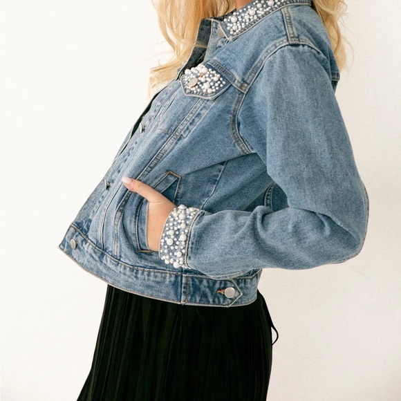 Pearl-Embellished Tailored Denim Blazer